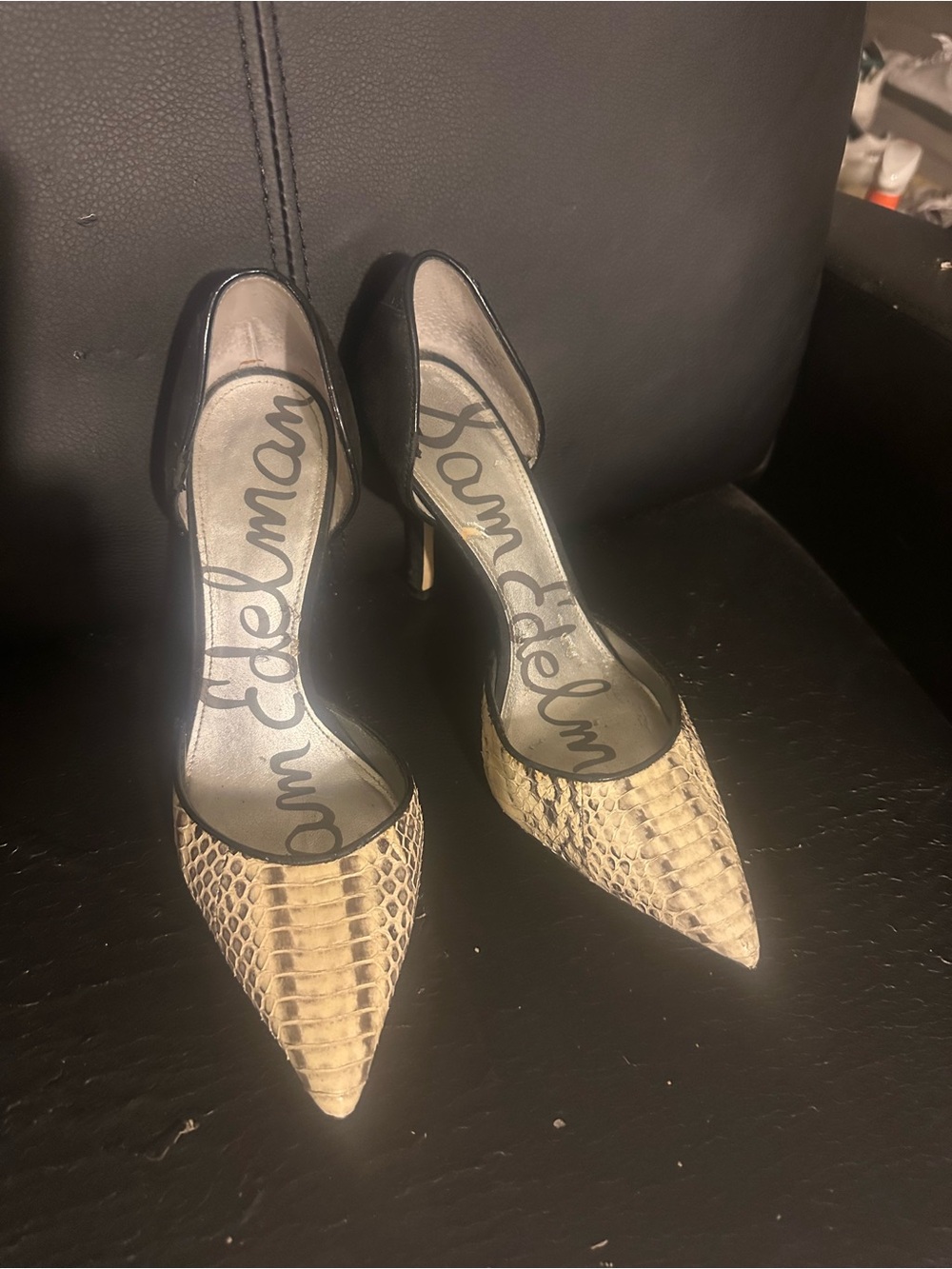 Sam Edelman Black and Beige Snake-Print Pointed D'Orsay Pumps